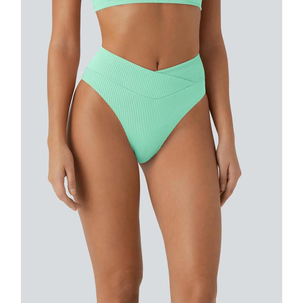 NWT Halara Ribbed Crossover Bikini Bottom Swimsuit Sunshine Green Size Large